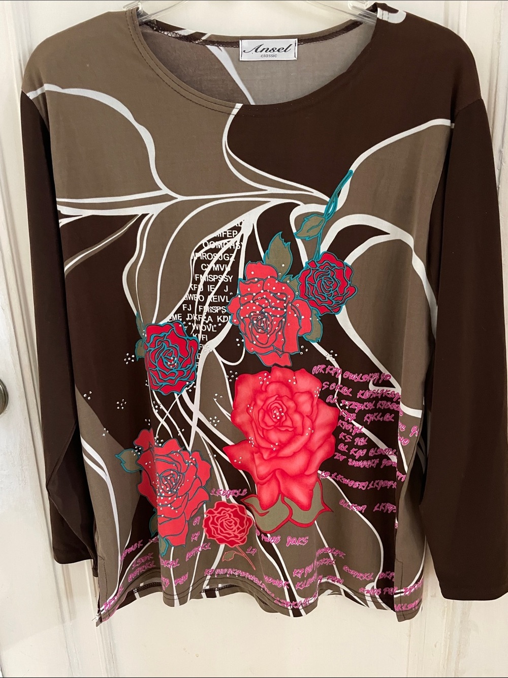 Brown Floral-Print Long Sleeve Tee with Red Roses